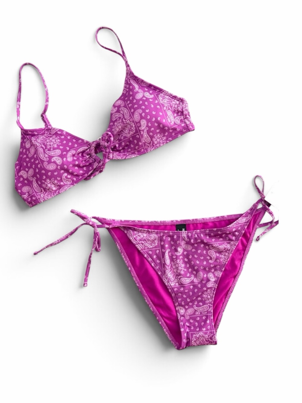 NWT Hurley Pink Paisley Bandana Print Tie Front String Bikini Swimsuit Set (XL)